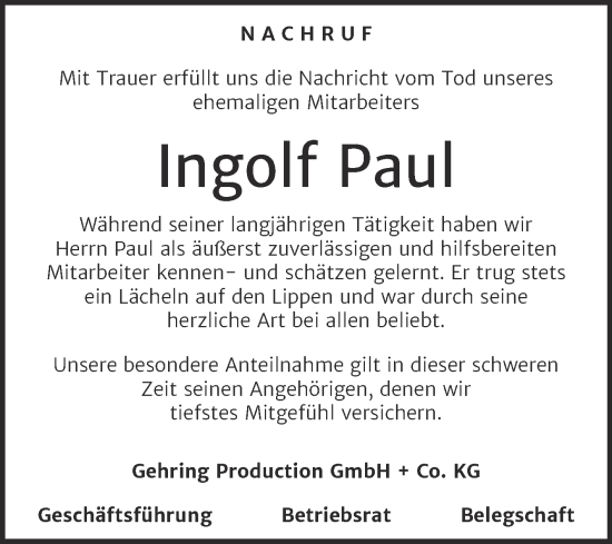 Traueranzeige von Ingolf Paul von Wochenspiegel Naumburg/Nebra