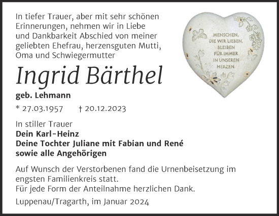 Traueranzeige von Ingrid Bärthel von Trauerkombi Merseburg