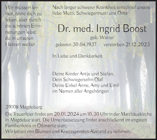 Traueranzeige von Ingrid Boost von Volksstimme Magdeburg