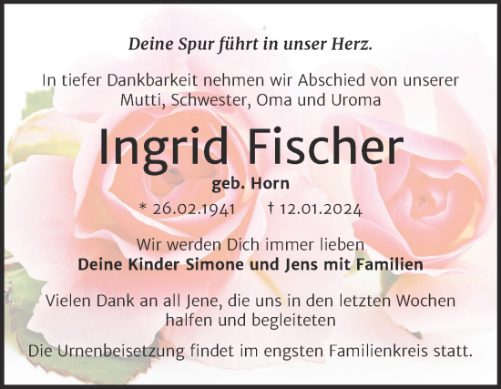 Traueranzeige von Ingrid Fischer von Trauerkombi Merseburg