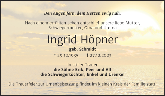 Traueranzeige von Ingrid Höpner von Mitteldeutsche Zeitung Halle/Saalkreis