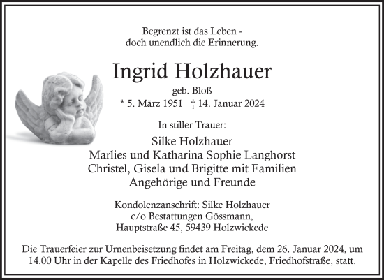 Traueranzeige von Ingrid Holzhauer von Super Sonntag Bernburg