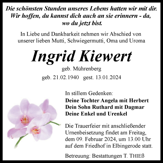 Traueranzeige von Ingrid Kiewert von Volksstimme Wernigerode
