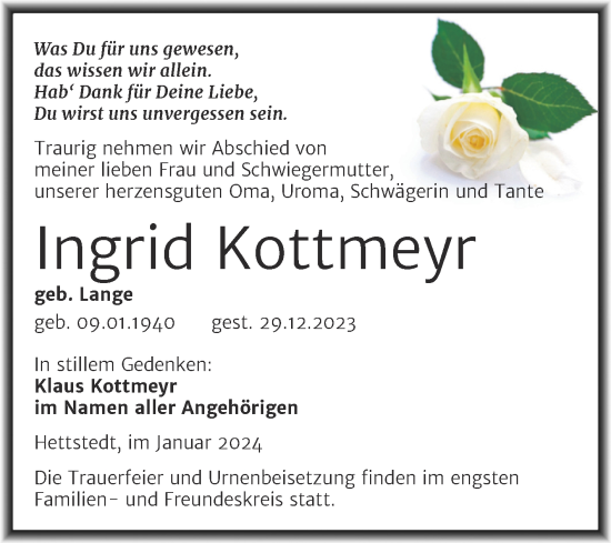 Traueranzeige von Ingrid Kottmeyr von Trauerkombi Mansfelder Land