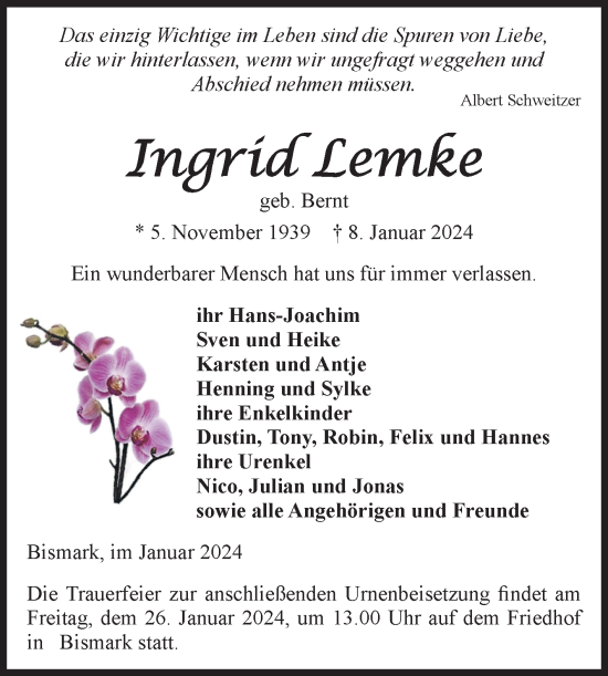 Traueranzeige von Ingrid Lemke von Volksstimme Altmark Ost