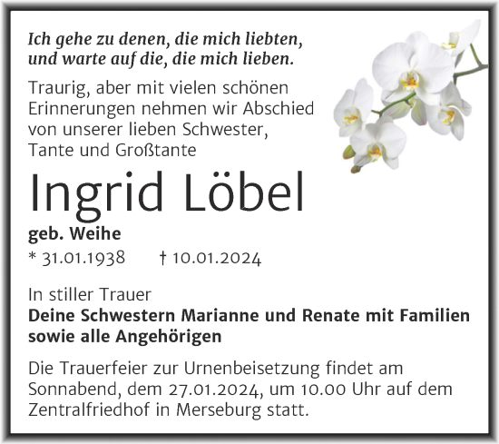 Traueranzeige von Ingrid Löbel von Trauerkombi Merseburg