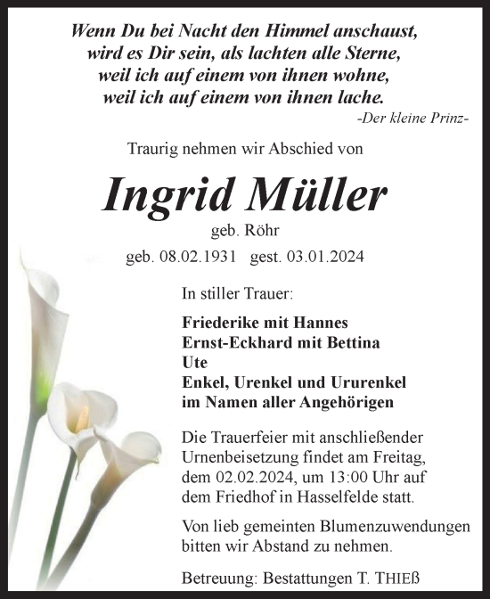 Traueranzeige von Ingrid Müller von Volksstimme Wernigerode