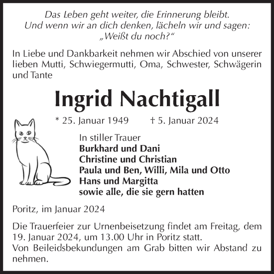 Traueranzeige von Ingrid Nachtigall von Volksstimme Altmark Ost