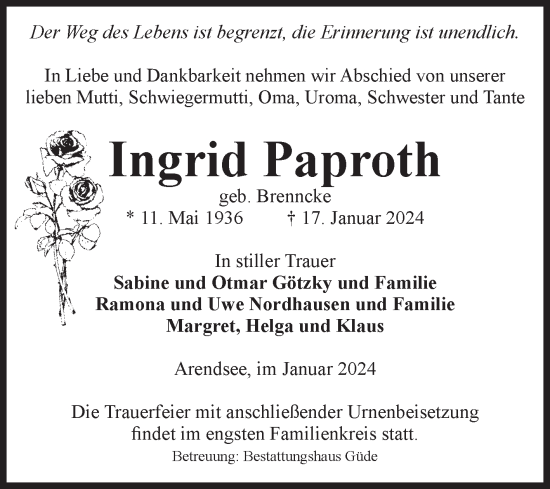 Traueranzeige von Ingrid Paproth von Volksstimme Altmark Ost