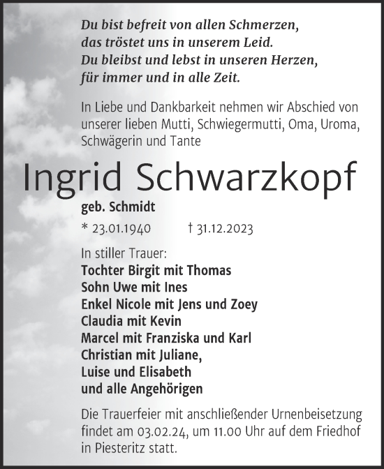 Traueranzeige von Ingrid Schwarzkopf von Trauerkombi Wittenberg