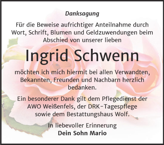 Traueranzeige von Ingrid Schwenn von Trauerkombi Weißenfels