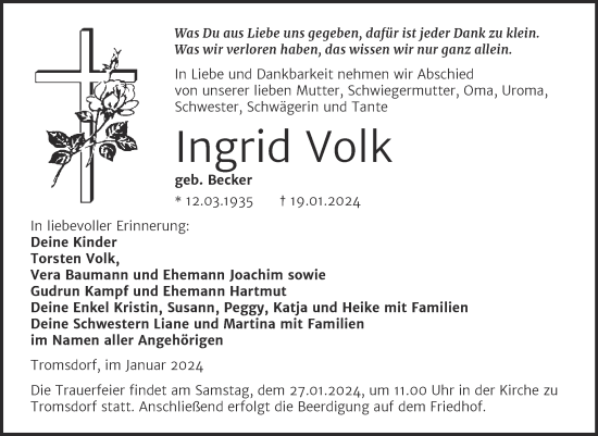 Traueranzeige von Ingrid Volk von Naumburger Tageblatt