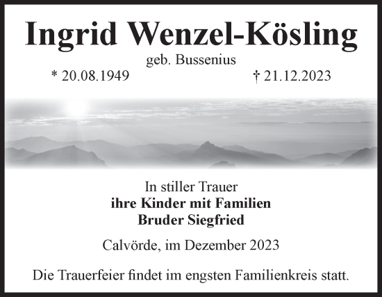 Traueranzeige von Ingrid Wenzel-Kösling von Volksstimme Haldensleben/Wolmirstedt
