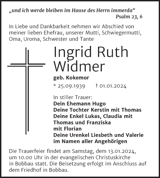 Traueranzeige von Ingrid Ruth Widmer von Trauerkombi Merseburg