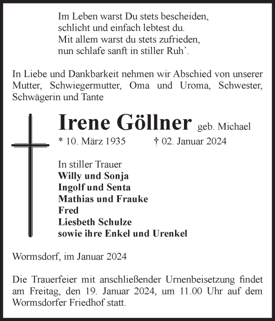 Traueranzeige von Irene Göllner von Volksstimme Oschersleben/Wanzleben