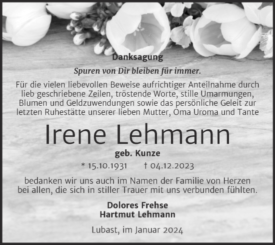 Traueranzeige von Irene Lehmann von Trauerkombi Wittenberg