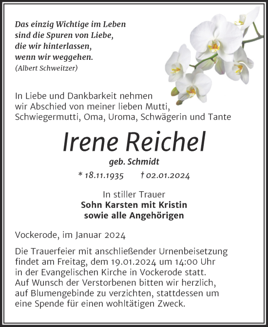 Traueranzeige von Irene Reichel von Mitteldeutsche Zeitung Dessau-Roßlau