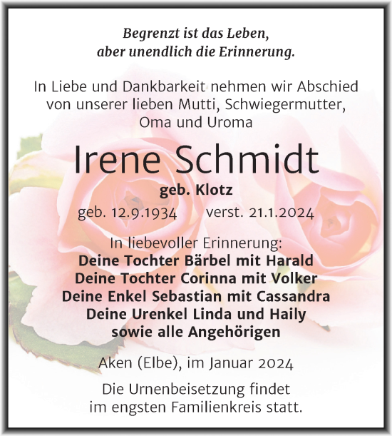 Traueranzeige von Irene Schmidt von Trauerkombi Köthen