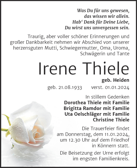 Traueranzeige von Irene Thiele von Trauerkombi Bernburg
