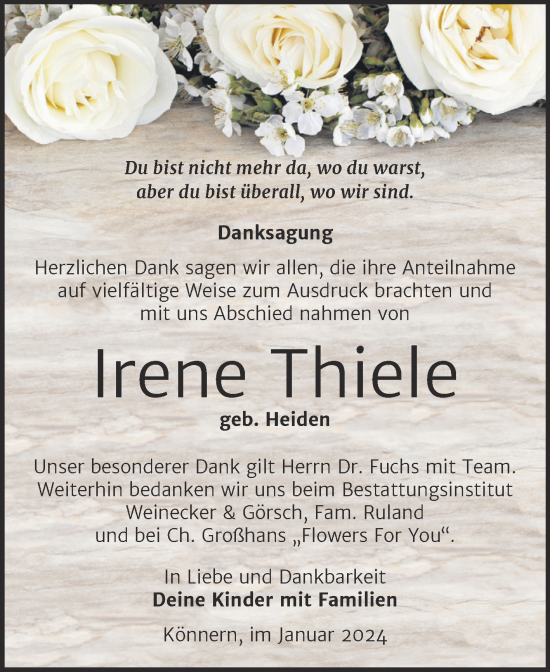 Traueranzeige von Irene Thiele von Trauerkombi Bernburg