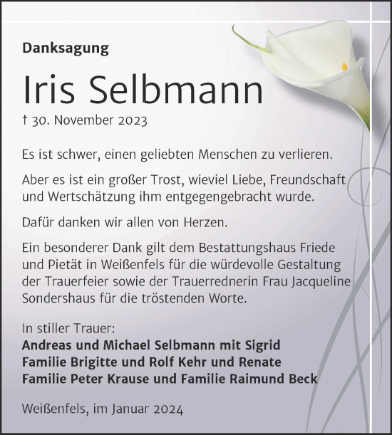 Traueranzeige von Iris Selbmann von Trauerkombi Weißenfels