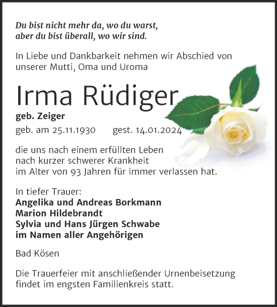 Traueranzeige von Irma Rüdiger von Naumburger Tageblatt