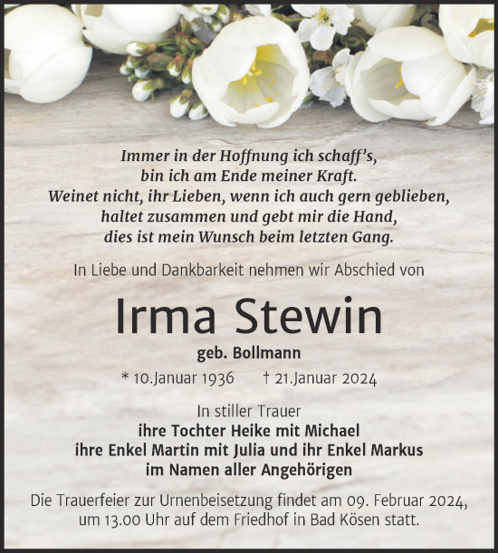 Traueranzeige von Irma Stewin von Wochenspiegel Naumburg/Nebra