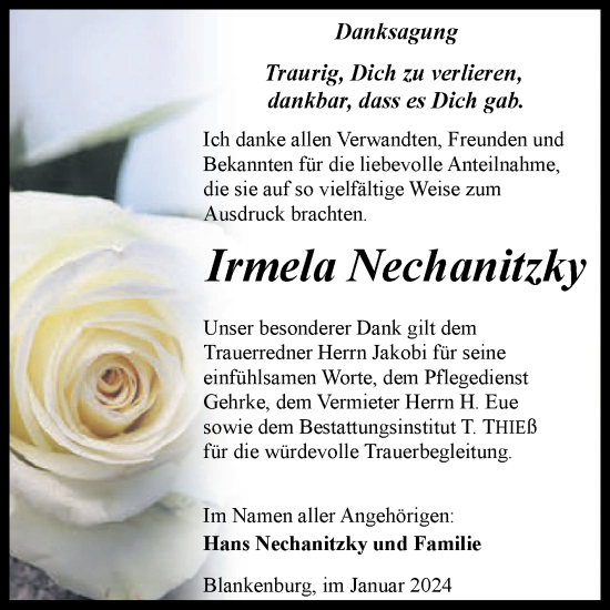 Traueranzeige von Irmela Nechanitzky von Volksstimme Wernigerode