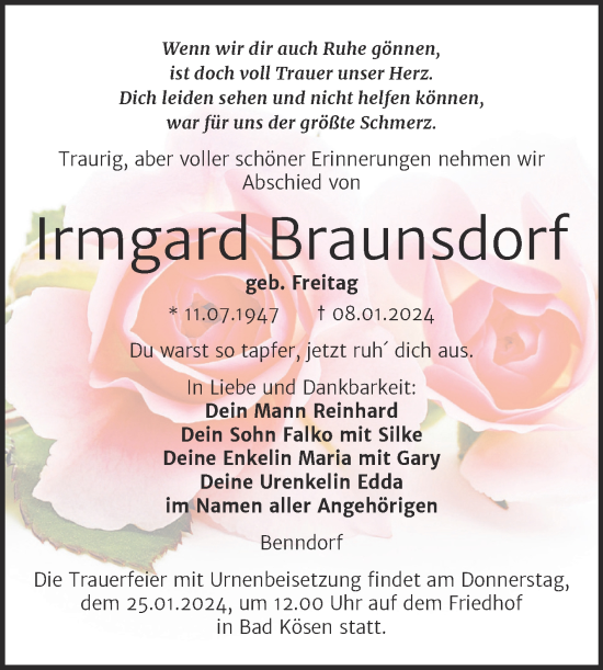 Traueranzeige von Irmga Braunsdorf von Wochenspiegel Naumburg/Nebra