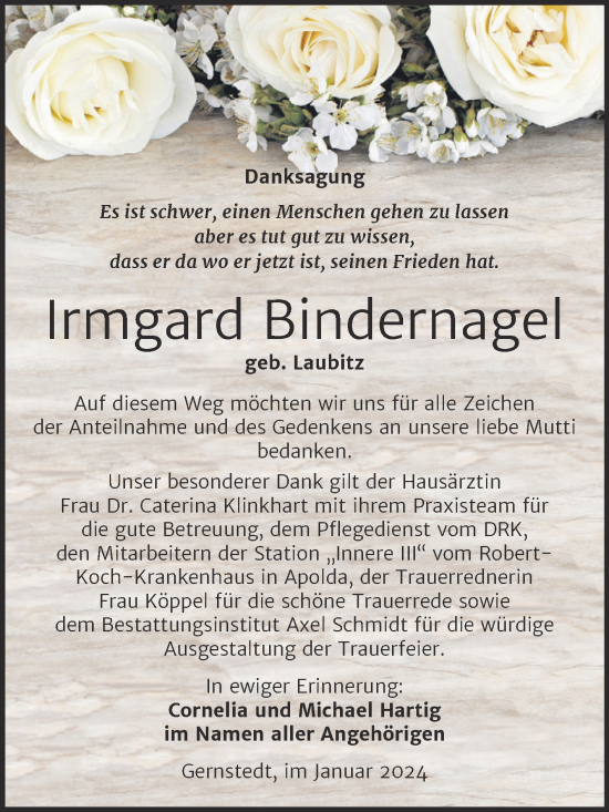 Traueranzeige von Irmgard Bindernagel von Naumburger Tageblatt