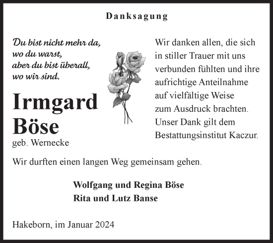 Traueranzeige von Irmgard Böse von Volksstimme Staßfurt