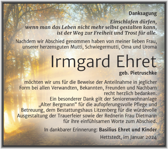 Traueranzeige von Irmgard Ehret von Trauerkombi Mansfelder Land