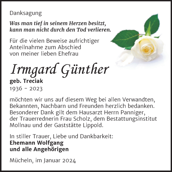 Traueranzeige von Irmgard Günther von Trauerkombi Merseburg