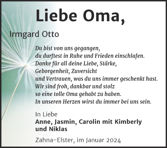 Traueranzeige von Irmgard Otto von Trauerkombi Wittenberg
