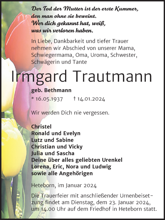 Traueranzeige von Irmgard Trautmann von Mitteldeutsche Zeitung Quedlingburg