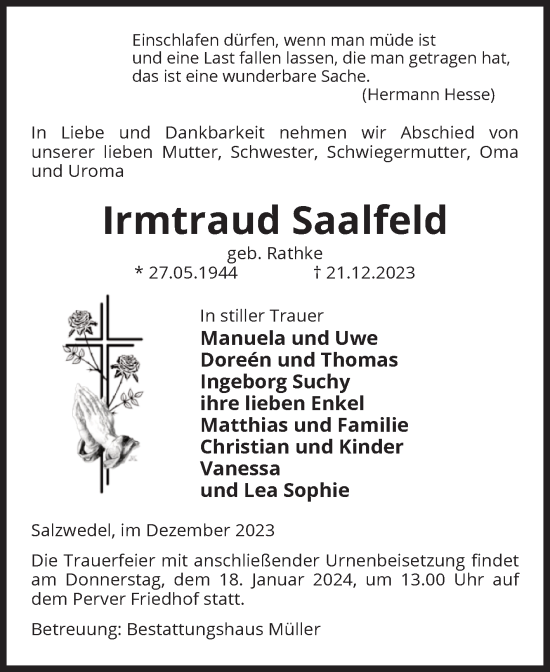 Traueranzeige von Irmtraud Saalfeld von Volksstimme Altmark West