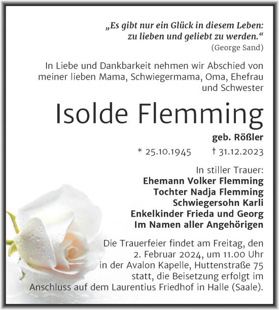 Traueranzeige von Isolde Flemming von Mitteldeutsche Zeitung Halle/Saalkreis