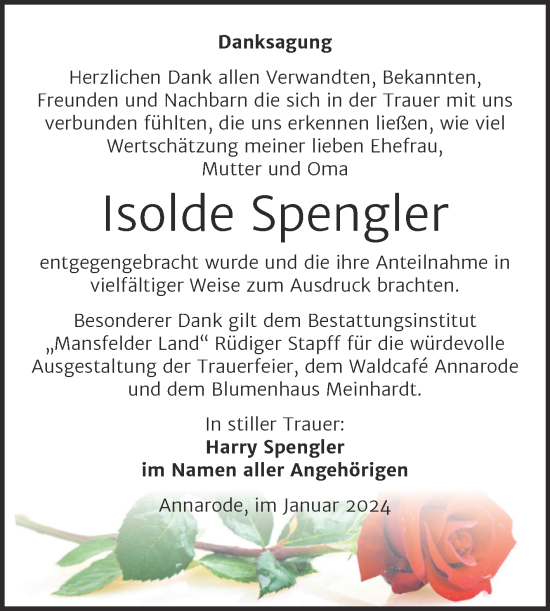 Traueranzeige von Isolde Spengler von Trauerkombi Mansfelder Land