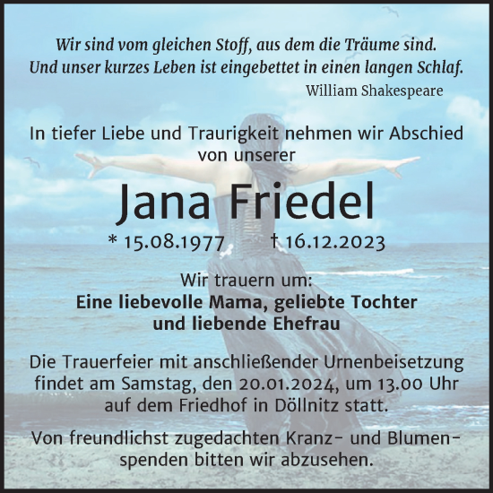 Traueranzeige von Jana Friedel von Mitteldeutsche Zeitung Halle/Saalkreis