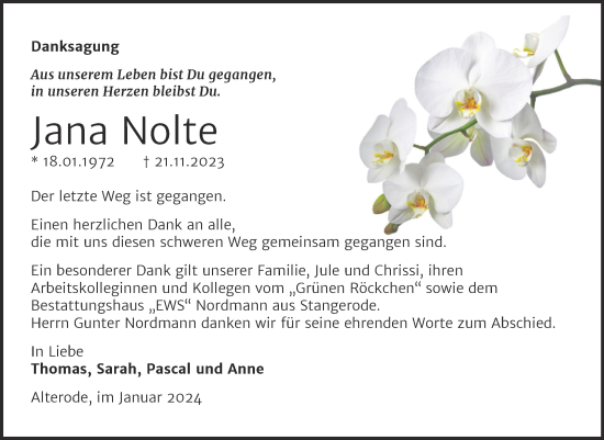 Traueranzeige von Jana Nolte von Trauerkombi Mansfelder Land