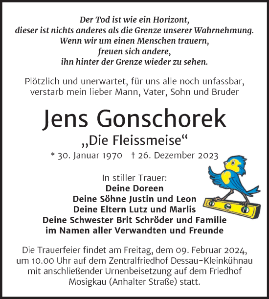 Traueranzeige von Jens Gonschorek von Trauerkombi Dessau