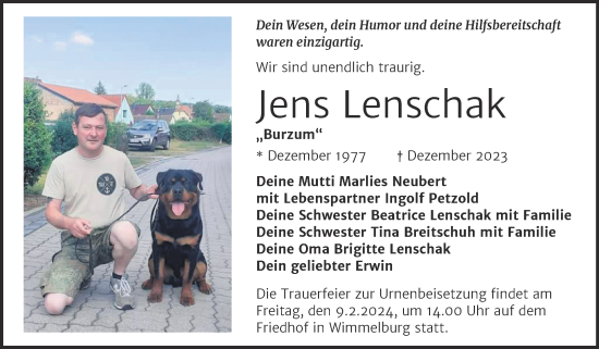 Traueranzeige von Jens Lenschak von Trauerkombi Mansfelder Land