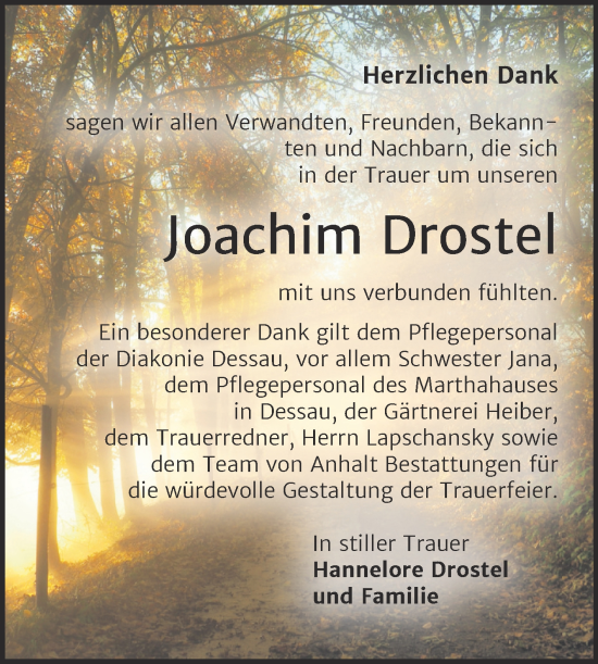Traueranzeige von Joachim Drostel von Trauerkombi Dessau
