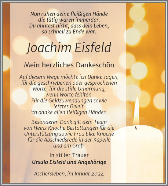 Traueranzeige von Joachim Eisfeld von Trauerkombi Aschersleben