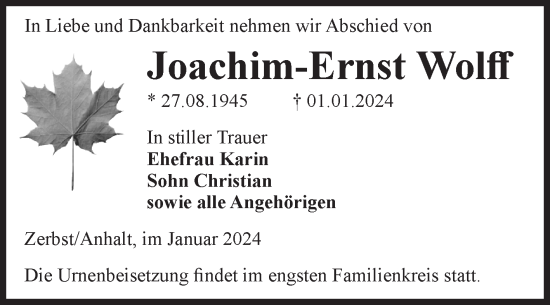 Traueranzeige von Joachim-Ernst Wolff von Volksstimme Zerbst