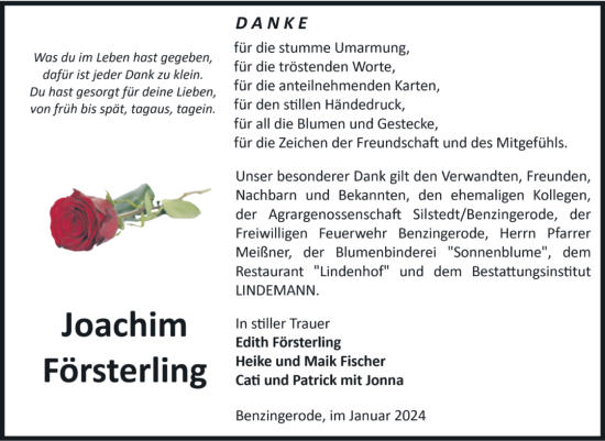 Traueranzeige von Joachim Försterling von Volksstimme Wernigerode