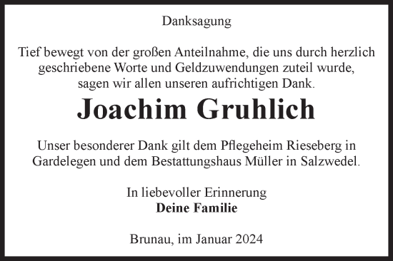 Traueranzeige von Joachim Gruhlich von Volksstimme Altmark West