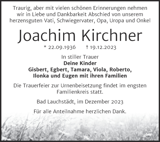 Traueranzeige von Joachim Kirchner von Trauerkombi Merseburg