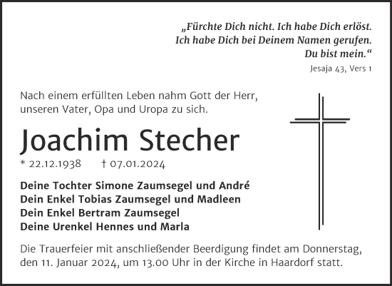 Traueranzeige von Joachim Stecher von Trauerkombi Zeitz