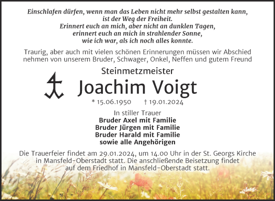 Traueranzeige von Joachim Voigt von Trauerkombi Mansfelder Land
